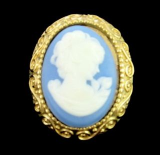 Cameo Pin Vintage Light Blue White Profile On Pretty Brooch Oval Goldtone 1 1/4 "