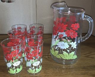 Vintage Daisy Floral Pitcher With 6 Matching Glasses