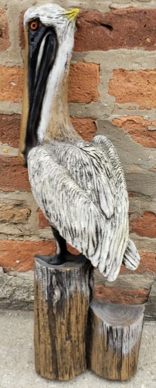 Vintage White Pelican On Piling Hand Carved Wood Sculpture Bird Decor 20”hx 7 " W