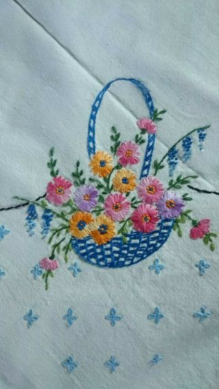 Vintage Hand Embroidered Small Tablecloth Table Topper Flowers In Basket 45 X 33