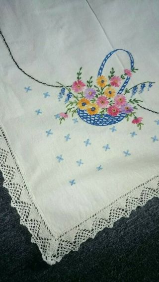 Vintage Hand Embroidered Small Tablecloth Table Topper Flowers in Basket 45 X 33 2