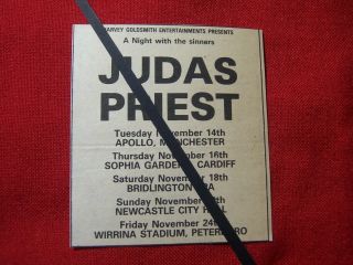 Judas Priest 1978 Vintage Gig Concert Advert,  Tour Dates