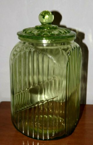 Vintage Vaseline Green Depression Glass Ribbed Canister Jar W/ Lid / 9 " X4 "
