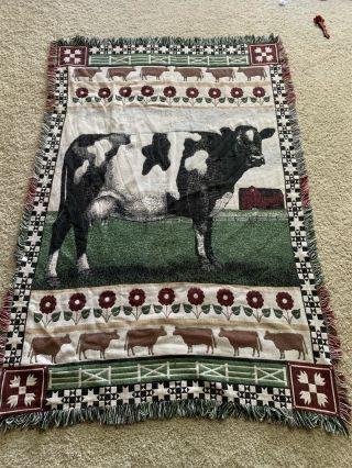 Vintage Woven Tapestry Throw Blanket Cow Farmhouse 42 " X 70