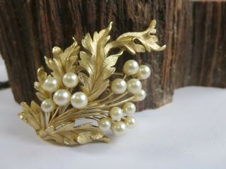 Vtg.  Large Crown Trifari Brushed Gold Tone Faux Pearl Leaf Pin Brooch Absol1