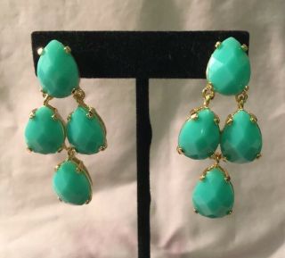 Vintage Clip - On Earrings - Turquoise Blue Green Color Beads - 2.  25 " - Gold Tone