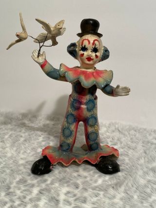 Vintage Clown Statue Paper Mache Made In Mexico Magic Trick With Birds