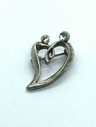 Vintage Sterling Silver Brooch Heart Figures Holding Hands Cz Abstract Love 925