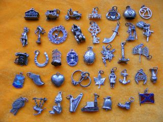 E Various Vintage Sterling Silver Charm Bell Sword Car Fairy Anchor Harp Boot