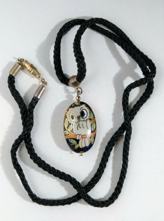 Vintage Cloisonne Owl Pendant 2 Side Dome Cobalt Blue Enamel Black Cord Necklace