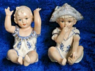 2 Vtg Porcelain Kpm Piano Babies Large Figurines Boy & Girl Blue White & Gold