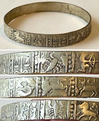 Vintage Mexico Sterling Silver Signs Of The Zodiac Bangle Bracelet