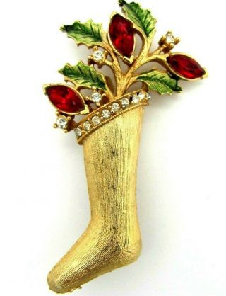 Vintage Brushed Gold Tone Christmas Stocking Brooch Pin Holly & Red Rhinestones
