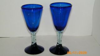 Mexican Hand Blown Glass Cobalt Blue Wine Glasses Set Of 2 Vtg