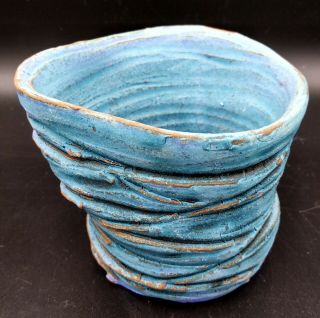 Vtg Hand Crafted Studio Art Pottery Blue Glazed 3” Bowl Artist Signed Sclafani