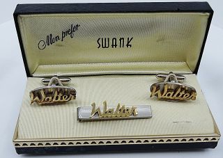 Walter Name Vintage Cufflinks Tie Clip Bar Set Swank Nos Box 1950s