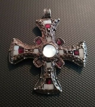 Vintage Miracle Signed Scottish Celtic Cross Pendant Red White Glass