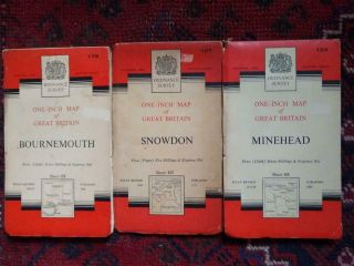 3 Vintage Ordnance Survey Maps: Bournemouth 1960,  Snowdon 1953 & Minehead 1960