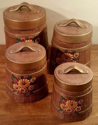 Vintage Set Of 4 Atlantic Molds Hand Painted Ceramic Kitchen Canisters Set