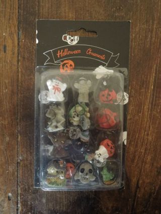 Vintage 1980s Era 12 Micro Miniature Halloween Ornaments Ghost Mummy Jol Skull,