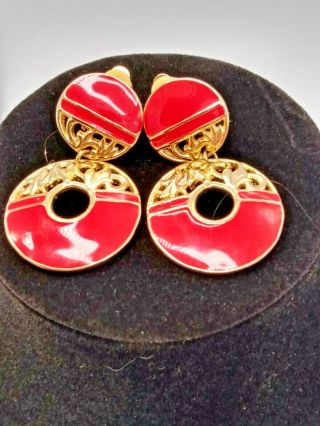 Vintage Edgar Berebi Signed Clip - On Dangle Earrings Gold Tone Red Enamel
