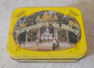 Vintage Candy Tin Box Bergamotes De Nancy French Advertising France Yellow 1