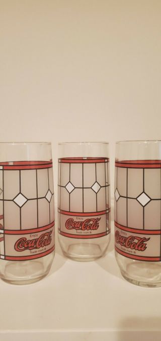Set Of 3 Vintage Coca - Cola Coke Tiffany Style Frosted Stained Glass Cups