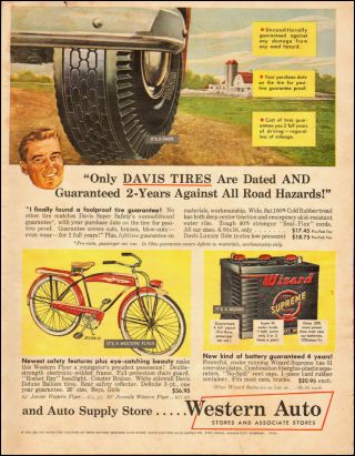 1953 Vintage Ad Western Auto Stores`art,  Farm Red Bicycle`car Battery