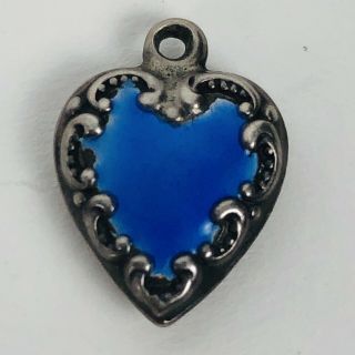 Vintage Sterling Silver Puffy Heart Charm Blue Enamel Swirl Border 