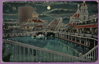 Coney Island Ny Vtg Pc Lagoon And Chute The Chutes By Night 1931
