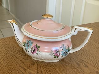 Vintage Gibsons Staffordshire England Gold Trimmed Pink White Floral Teapot W818