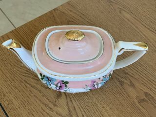 Vintage Gibsons Staffordshire England Gold Trimmed Pink White Floral Teapot W818 2