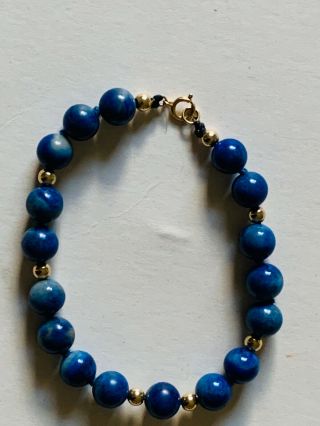 Vintage 14k Gold Lapis Lazuli Blue Bead Bracelet Hand Knotted 7.  5”