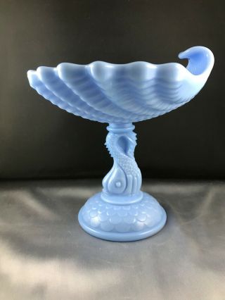 Vintage Imperial Blue Slag Milk Glass Dolphin&shell Footed 7” Compote Dish