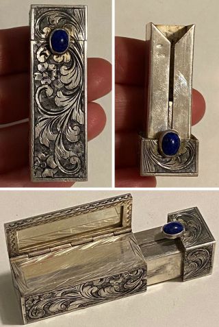 Vintage Ornate 800 Silver Lipstick Compact Case W/mirror & Blue Gemstone Italy