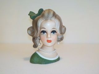 Vintage Lady Head Vase Napcoware.  Green.  Bow.  Jewelry.  C - 8499.  5 1/2  Tall
