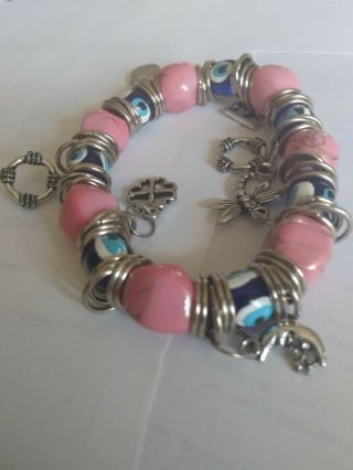 Vintage Silver Tone Pink & Blue Glass Evil Eye Protection Beaded Bracelet 6.  5 "