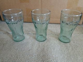 Set Of 3 Vintage Green Glass Coca Cola Coke Glasses Mini Glasses Juice 4.  5 "