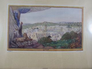 VINTAGE Judaica Old colored print By Zeev Raban bezalel Israel Framed 2