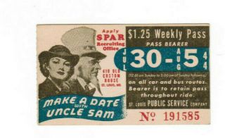 St Louis Missouri Transit Ticket Pass July 30 - Aug 5 1944 Uncle Sam Spar Office