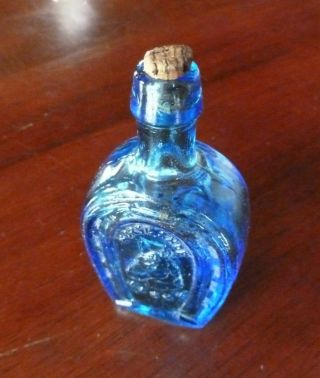 Vintage Wheaton Horse Shoe Blue Bottle With Cork / Empty / 3¼ "