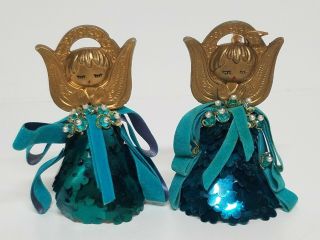 Vtg Mid - Century Mcm Sequin Angel Christmas Ornaments Handmade Teal Blue Velvet