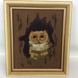 Owl In Tree Framed Art Small Finished Crewel Needlework 6.  5x7.  5 Vtg Kitschy