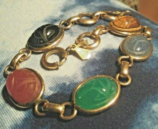 Vintage Carved Scarab 5 Stone 1/20 12k Gold Filled Signed Amco 7.  5 " Bracelet