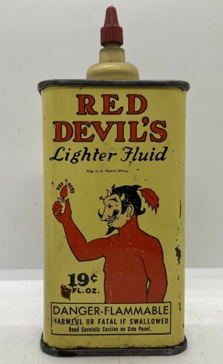 Old Gas & Oil Collectible Vintage Red Devil’s Lighter Fluid Advertising Tin Can
