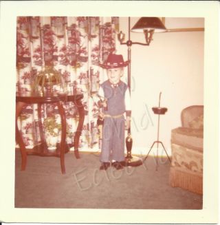 Vtg 1960s Color Photo Snapshot Cute Little Boy Cowboy Outfit Costume Toy Gun