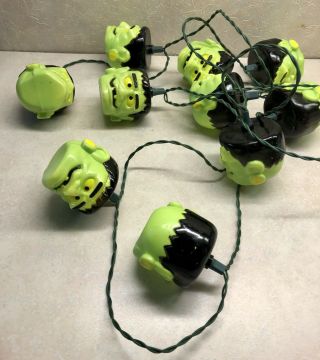 Vtg Plastic Blow Mold Frankenstein Halloween String Lights 10 Monster Heads