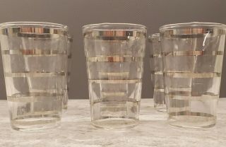 Vintage Shot Glasses - Set Of 6 - Clear Glass With Five Silver Tone Stripes