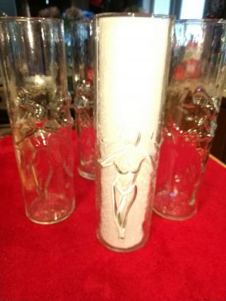 4 Vintage Libbey Clear Glasses With 3d Nude Women.  Tom Collins Glass,  Mai Tai
