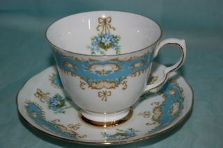 Vintage Queen Anne Bone China Cup & Saucer Set - Small Blue Roses W/bow